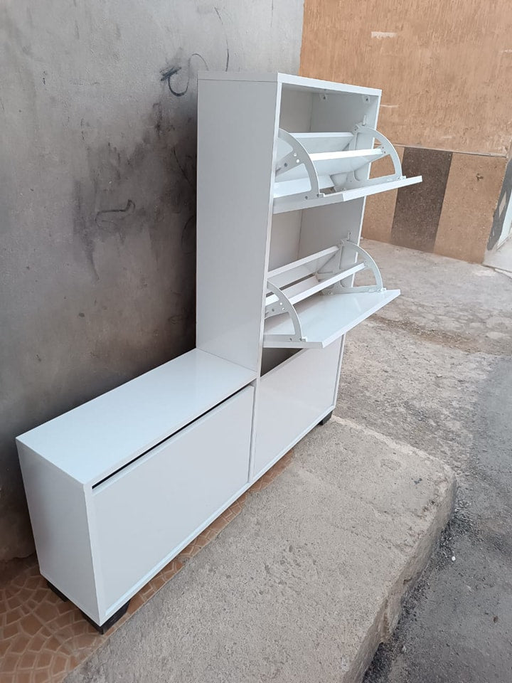 Meuble à Chaussures avec Banc MDF 120x120x20cm - 4 Étages (Blanc, Beige, Marron) | خزانة أحذية بجلسة