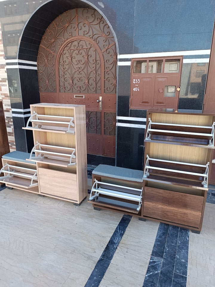 Meuble à Chaussures avec Banc MDF 120x120x20cm - 4 Étages (Blanc, Beige, Marron) | خزانة أحذية بجلسة