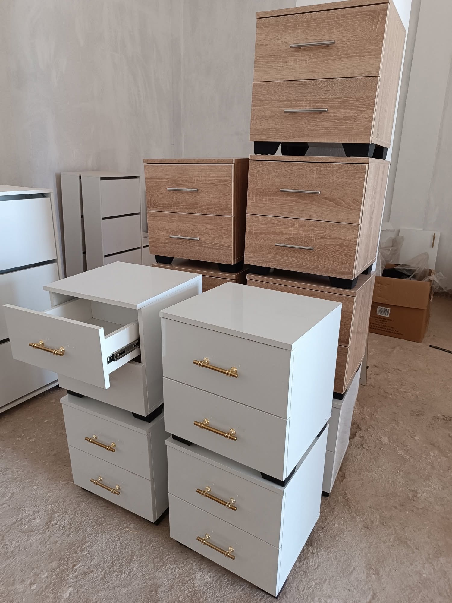 Table de Nuit MDF 2 Tiroirs (Blanc, Beige)