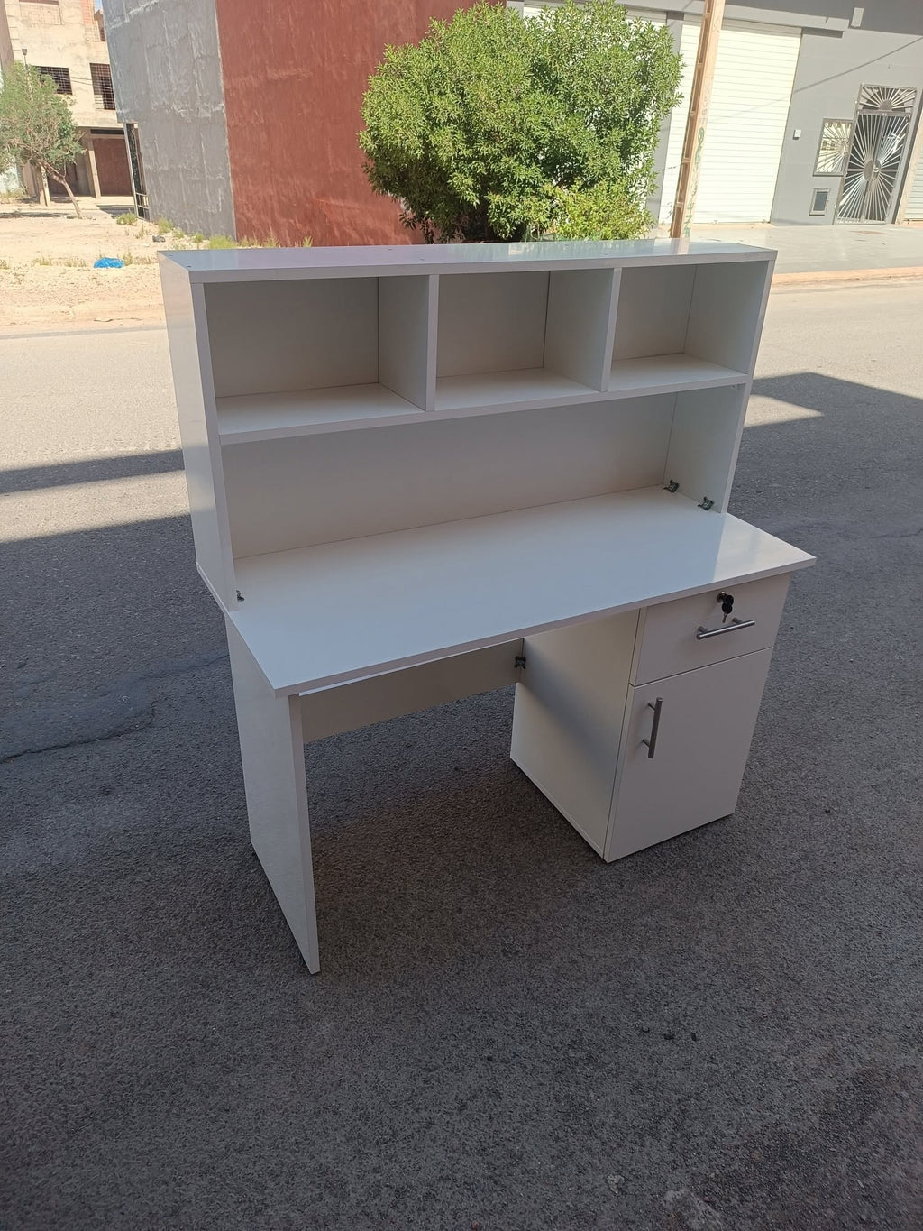 Bureau Bibliothèque MDF 120x50x78cm avec Tiroir et Porte à Clé (Blanc, Beige, Marron) | مكتب بمكتبة