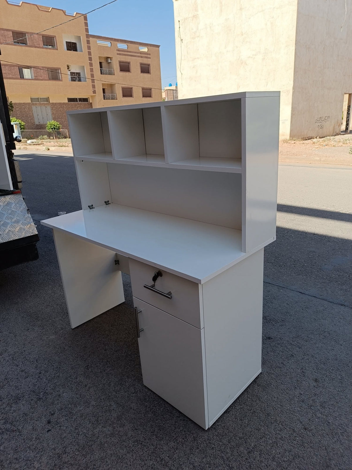 Bureau Bibliothèque MDF 120x50x78cm avec Tiroir et Porte à Clé (Blanc, Beige, Marron) | مكتب بمكتبة