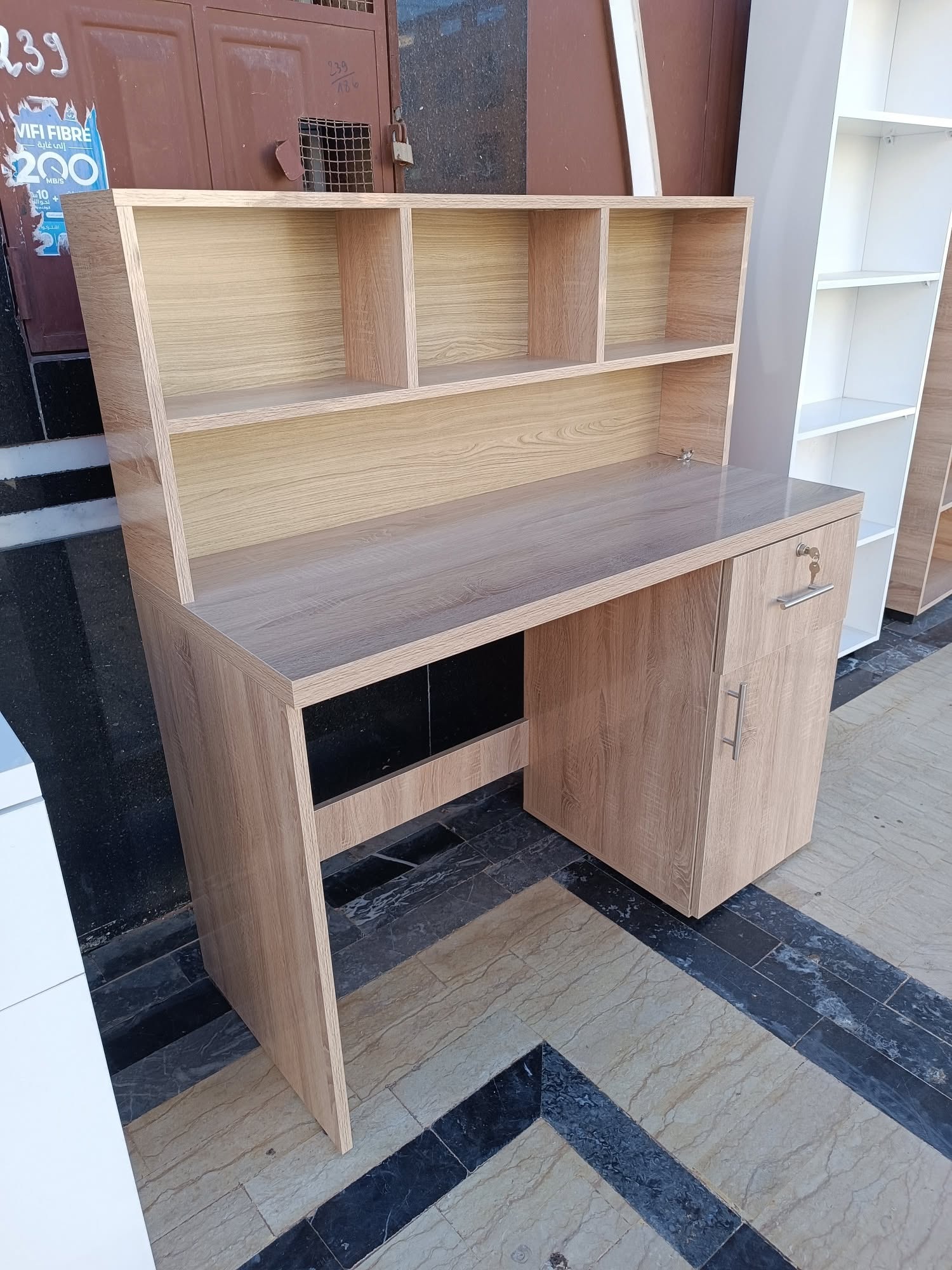 Bureau Bibliothèque MDF 120x50x78cm avec Tiroir et Porte à Clé (Blanc, Beige, Marron) | مكتب بمكتبة