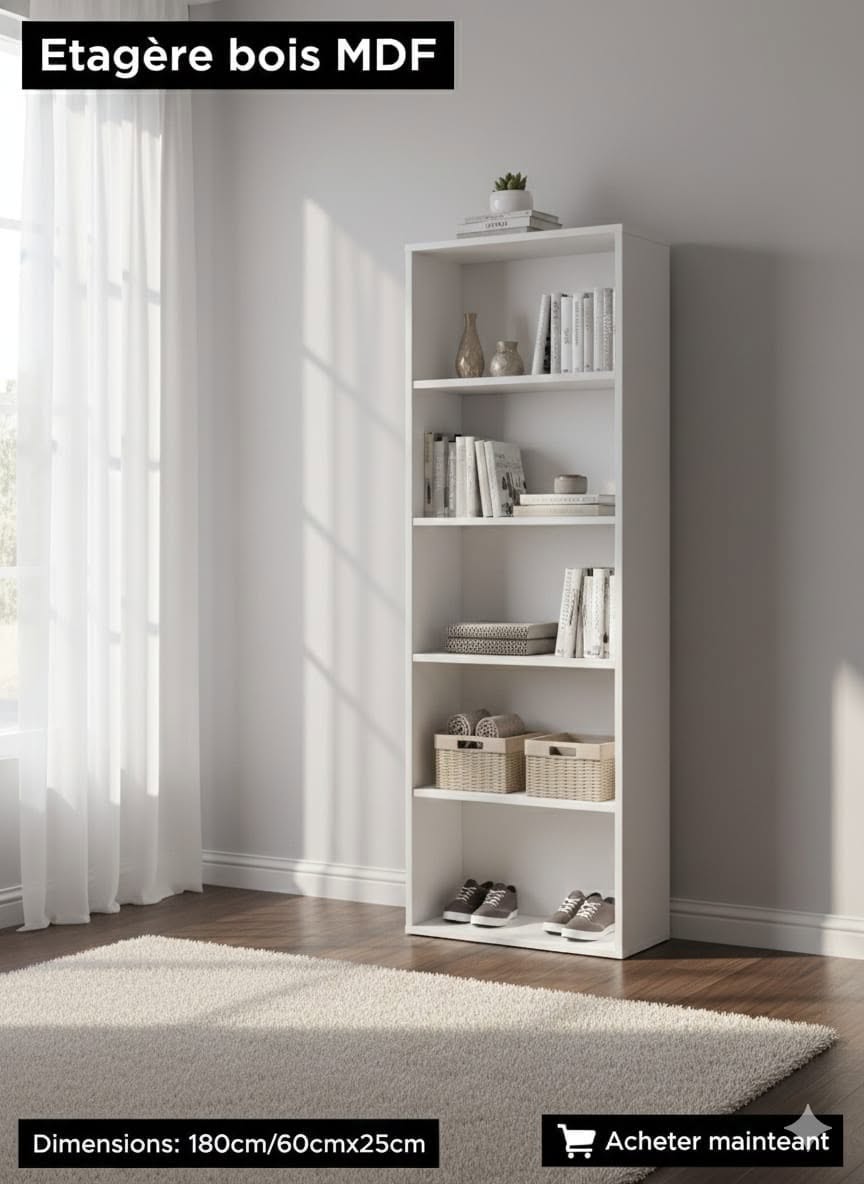 Étagères en Bois MDF 180x60x25cm - 5 Étages (Blanc, Beige, Marron) | رفوف خشبية MDF