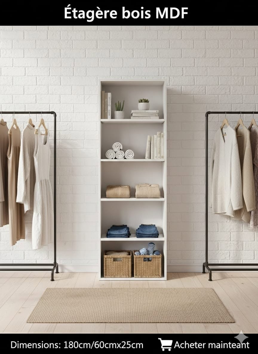 Étagères en Bois MDF 180x60x25cm - 5 Étages (Blanc, Beige, Marron) | رفوف خشبية MDF
