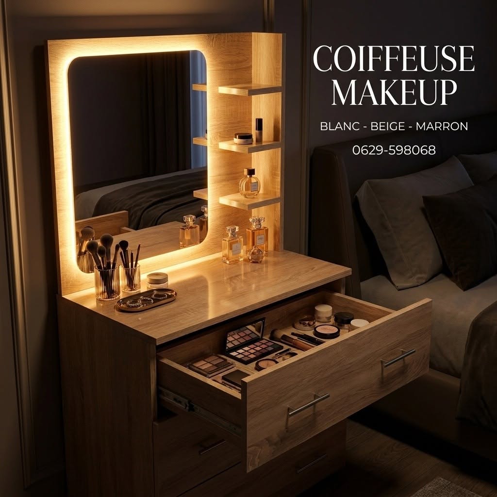 Coiffeuse avec Miroir LED (Blanc, Beige, Marron) | كوافوز