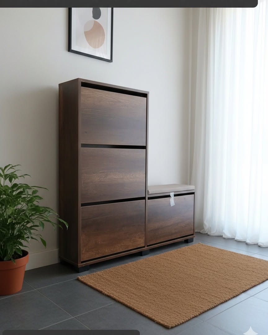 Meuble à Chaussures avec Banc MDF 120x120x20cm - 4 Étages (Blanc, Beige, Marron) | خزانة أحذية بجلسة