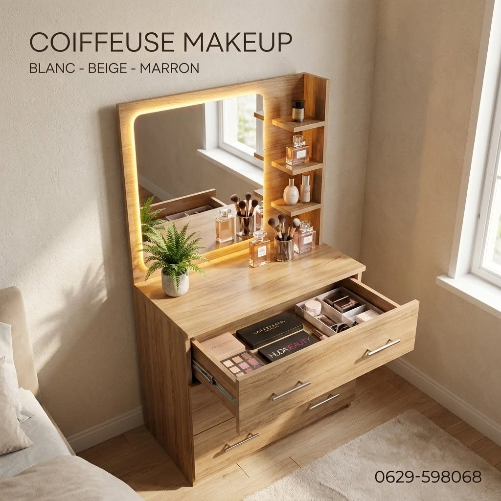 Coiffeuse avec Miroir LED (Blanc, Beige, Marron) | كوافوز