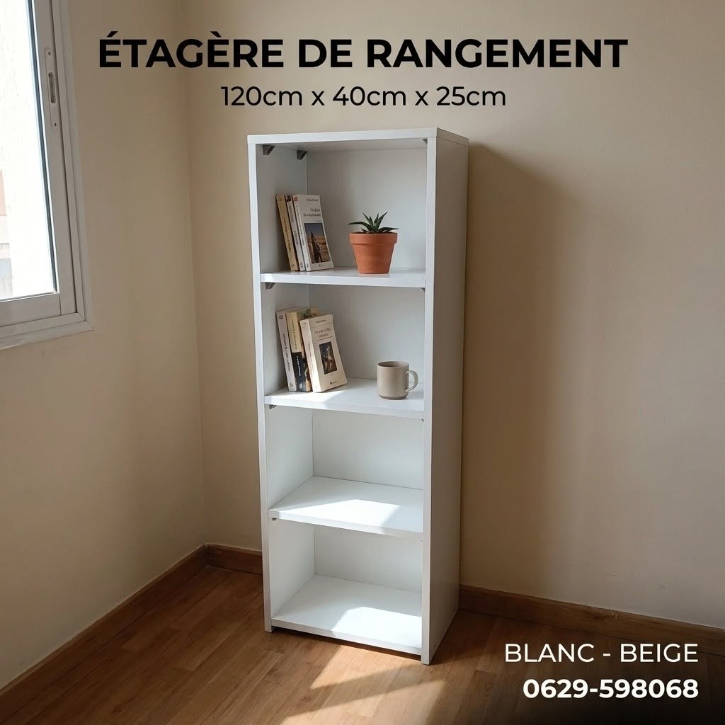 Étagère de Rangement MDF 120x40x25cm - 4 Étages (Blanc, Beige) | رف تخزين
