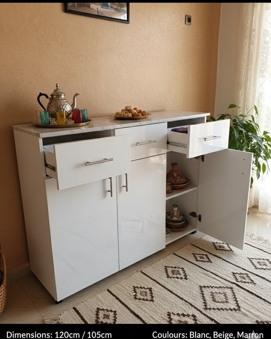 Buffet MDF 120cm/105cm - Design Moderne (Blanc, Beige, Marron) | بوفيه