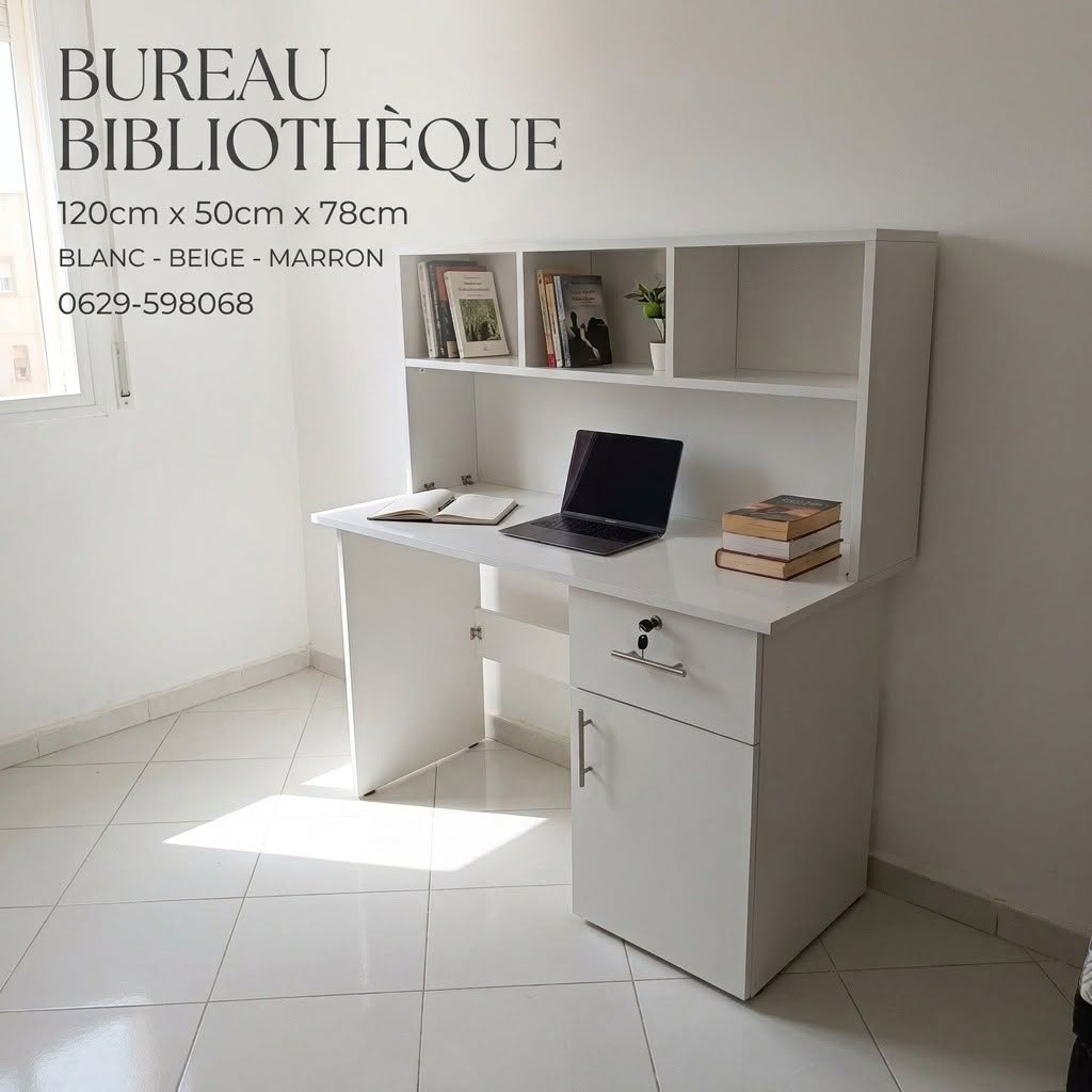 Bureau Bibliothèque MDF 120x50x78cm avec Tiroir et Porte à Clé (Blanc, Beige, Marron) | مكتب بمكتبة