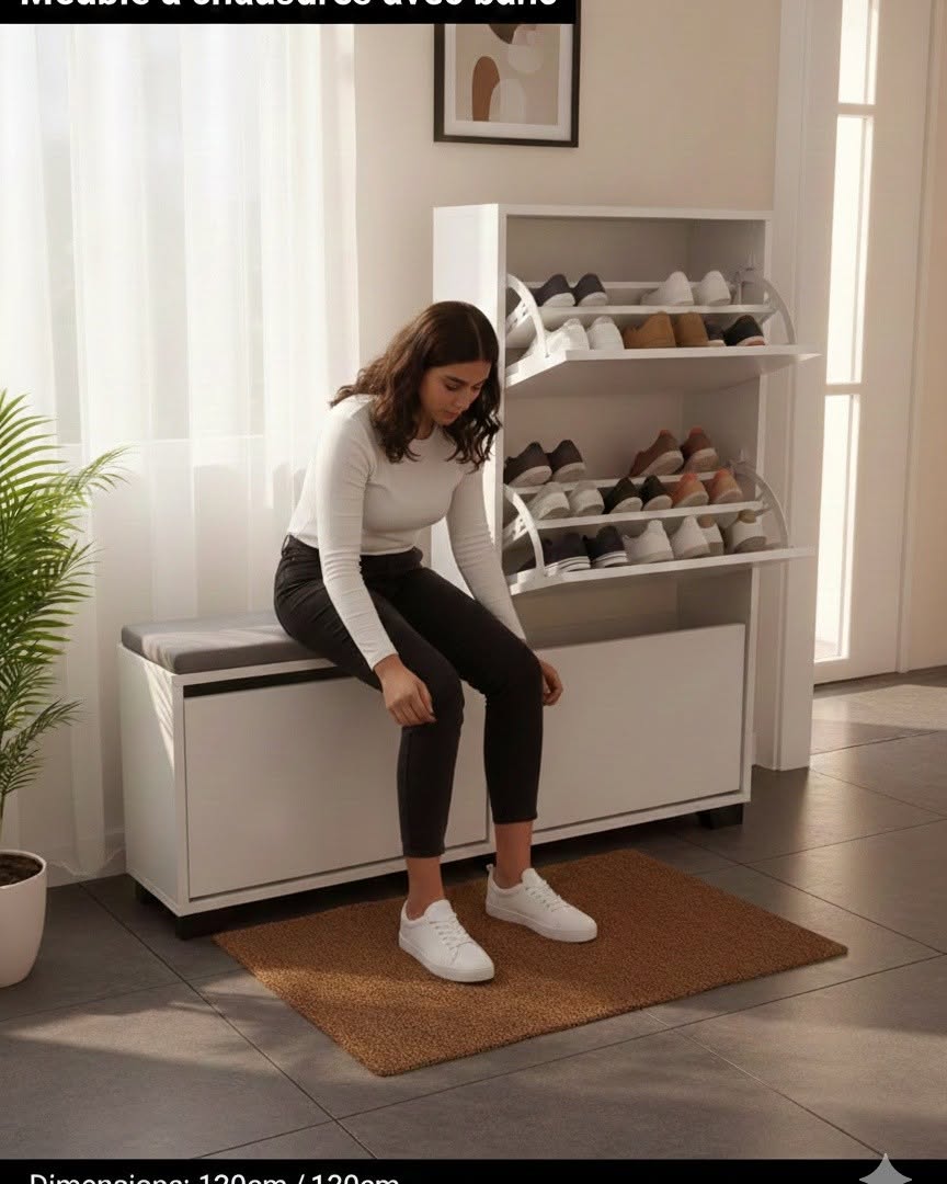 Meuble à Chaussures avec Banc MDF 120x120x20cm - 4 Étages (Blanc, Beige, Marron) | خزانة أحذية بجلسة