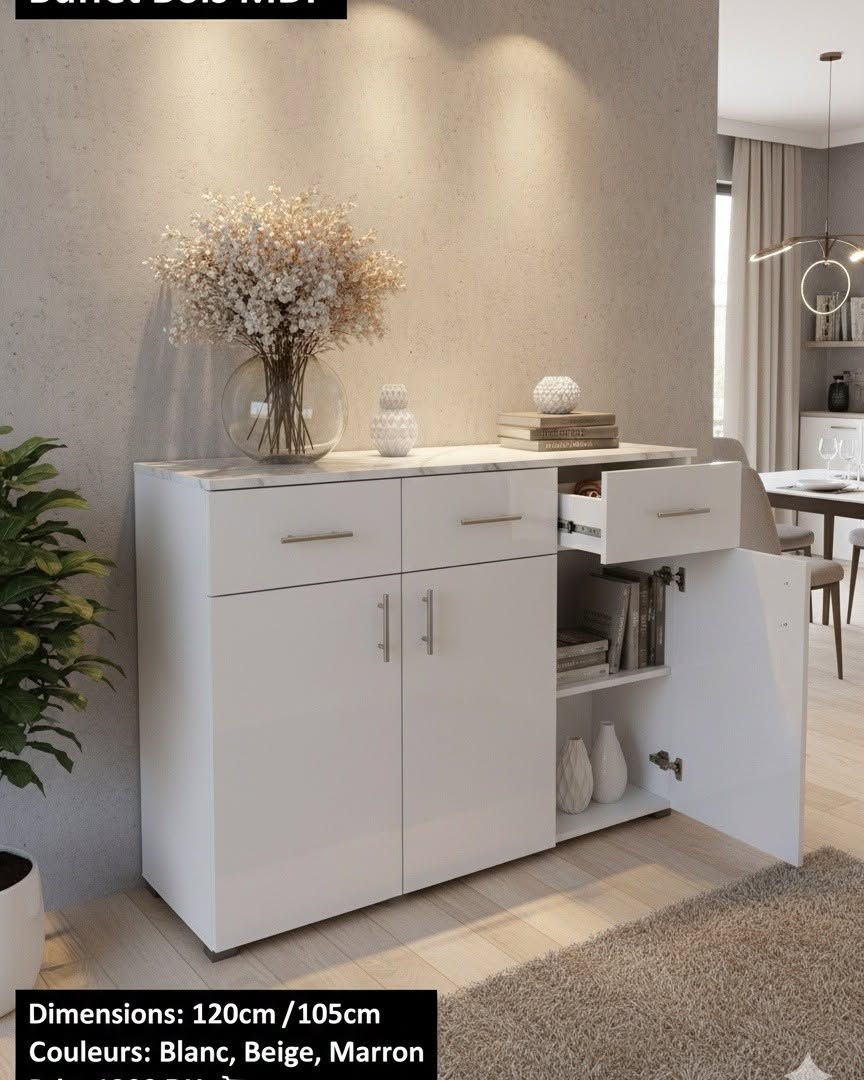 Buffet MDF 120cm/105cm - Design Moderne (Blanc, Beige, Marron) | بوفيه