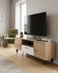 Table TV MDF 140cm avec Portes et Tiroir (Bois/Blanc, Beige) | طاولة تلفزة