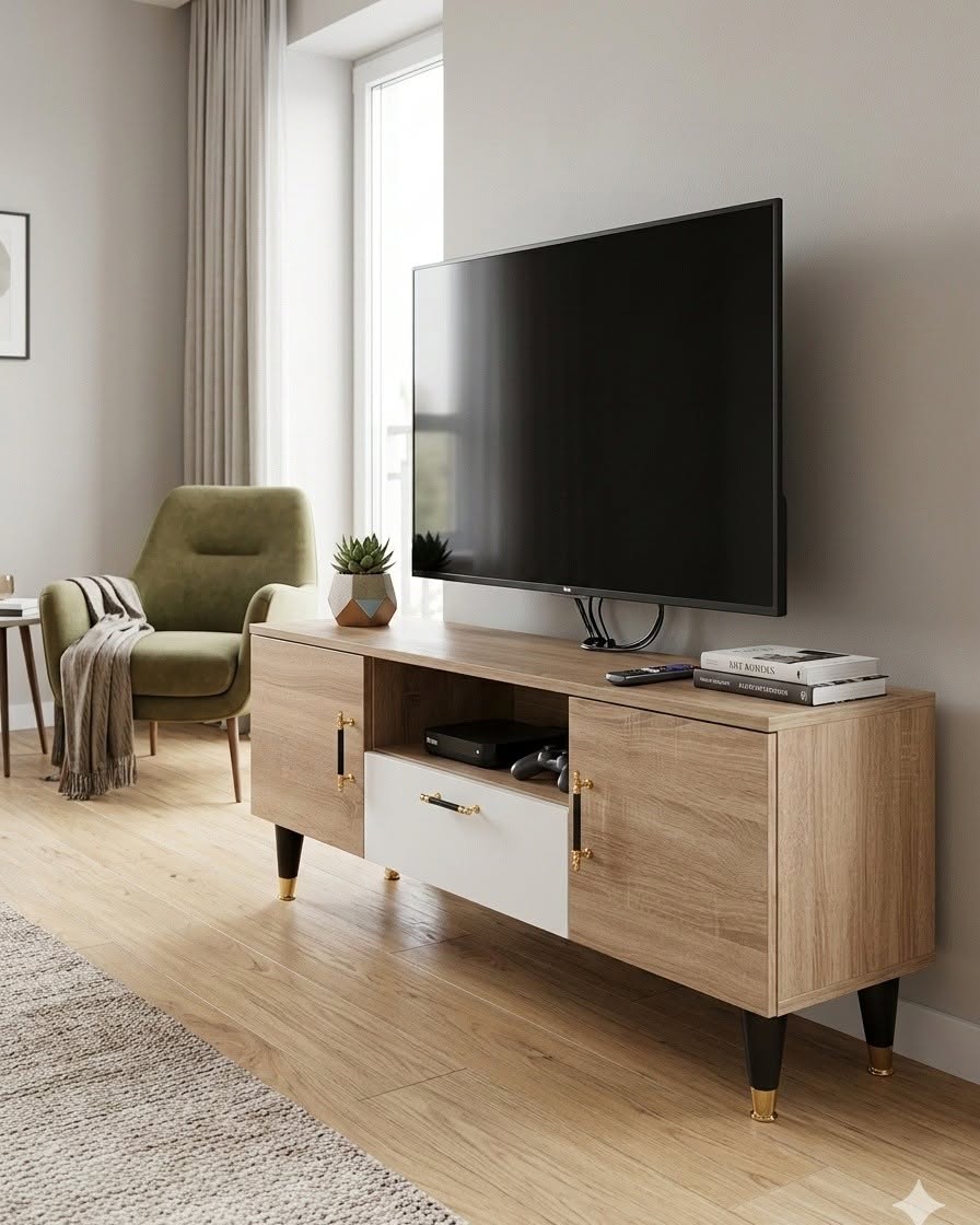 Table TV MDF 140cm avec Portes et Tiroir (Bois/Blanc, Beige) | طاولة تلفزة