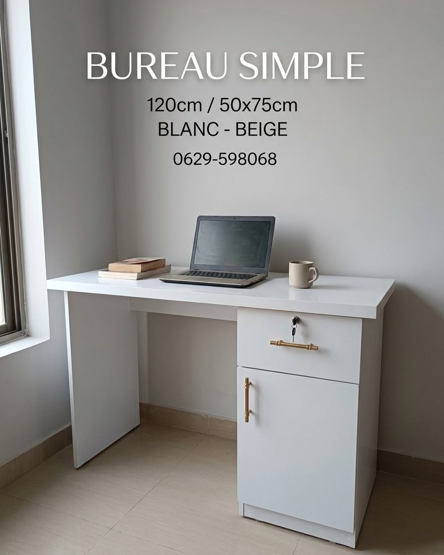 Bureau Simple MDF 120x50x75cm avec Tiroir et Porte à Clé (Blanc, Beige) | مكتب بسيط