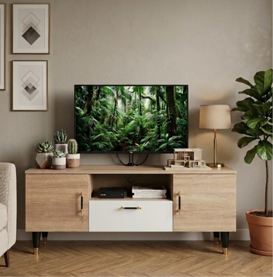 Table TV MDF 140cm avec Portes et Tiroir (Bois/Blanc, Beige) | طاولة تلفزة