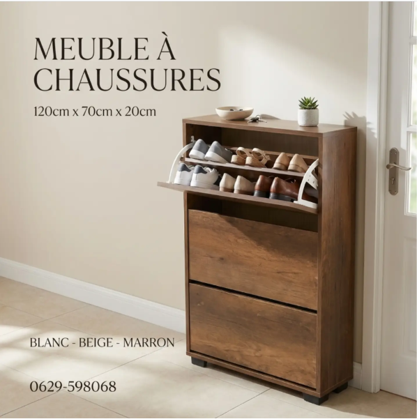 Meuble à Chaussures MDF 120x70x20cm - 3 Étages (Blanc, Beige, Marron) | خزانة أحذية