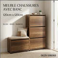 Meuble à Chaussures avec Banc MDF 120x120x20cm - 4 Étages (Blanc, Beige, Marron) | خزانة أحذية بجلسة