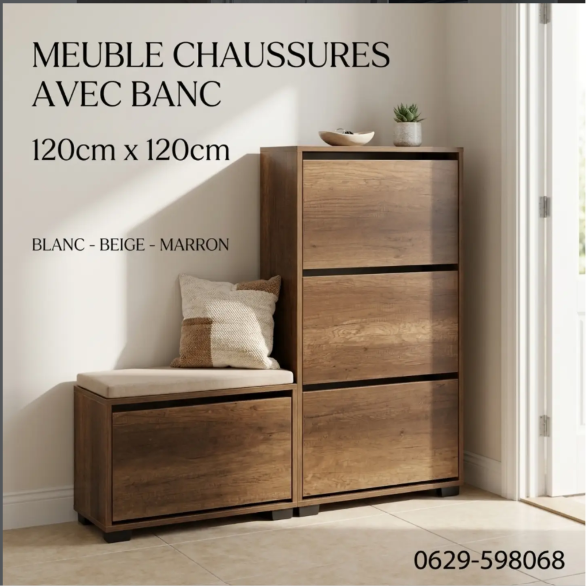 Meuble à Chaussures avec Banc MDF 120x120x20cm - 4 Étages (Blanc, Beige, Marron) | خزانة أحذية بجلسة