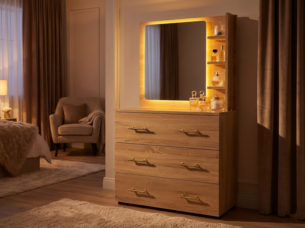 Coiffeuse avec Miroir LED (Blanc, Beige, Marron) | كوافوز