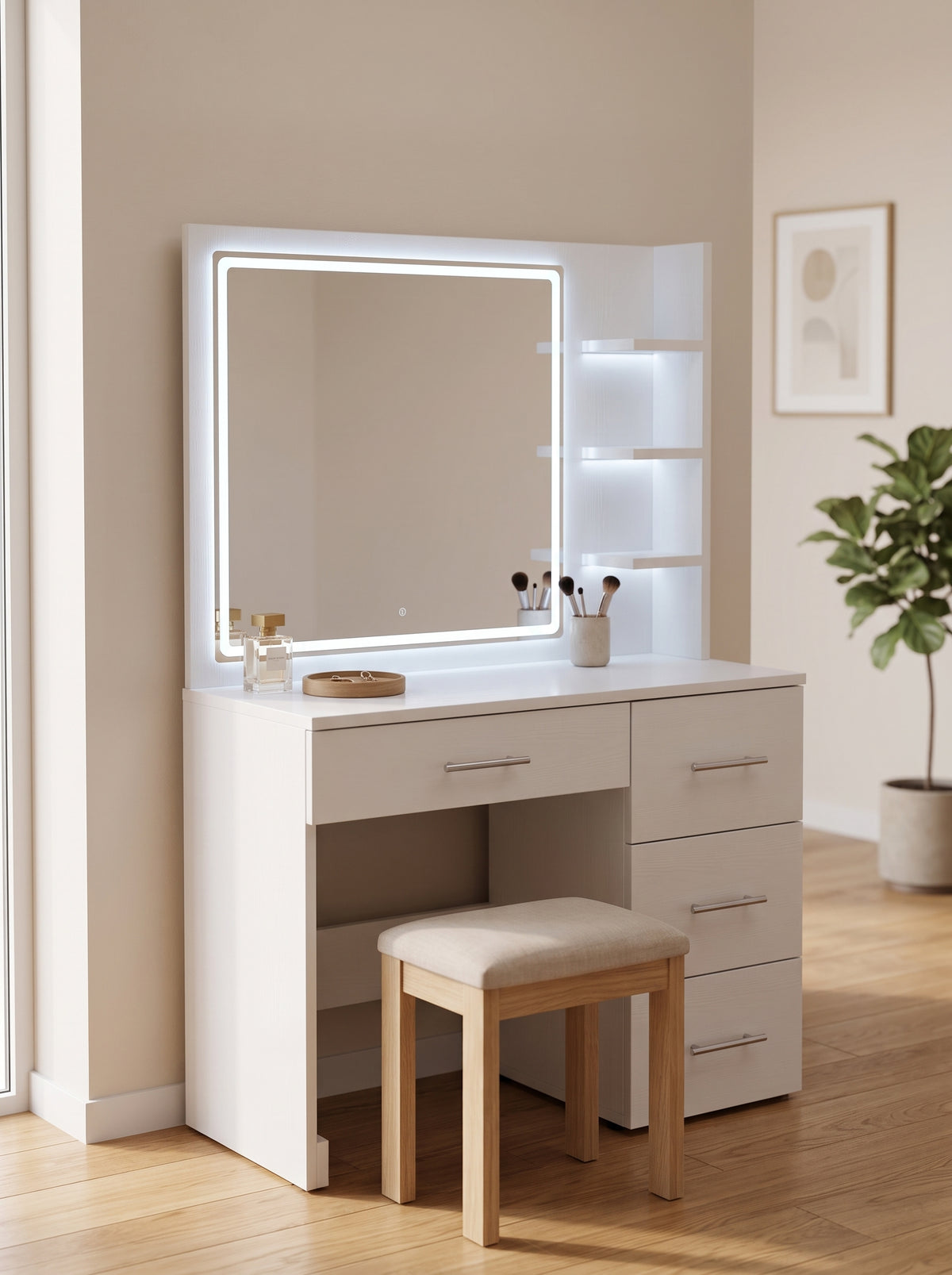 Coiffeuse avec Miroir LED et Espace Chaise (Blanc, Beige) | كوافوز