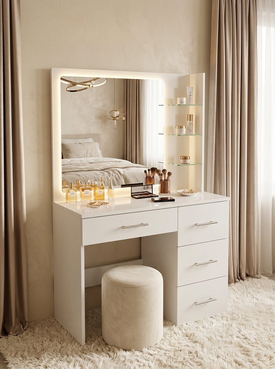 Coiffeuse avec Miroir LED et Espace Chaise (Blanc, Beige) | كوافوز