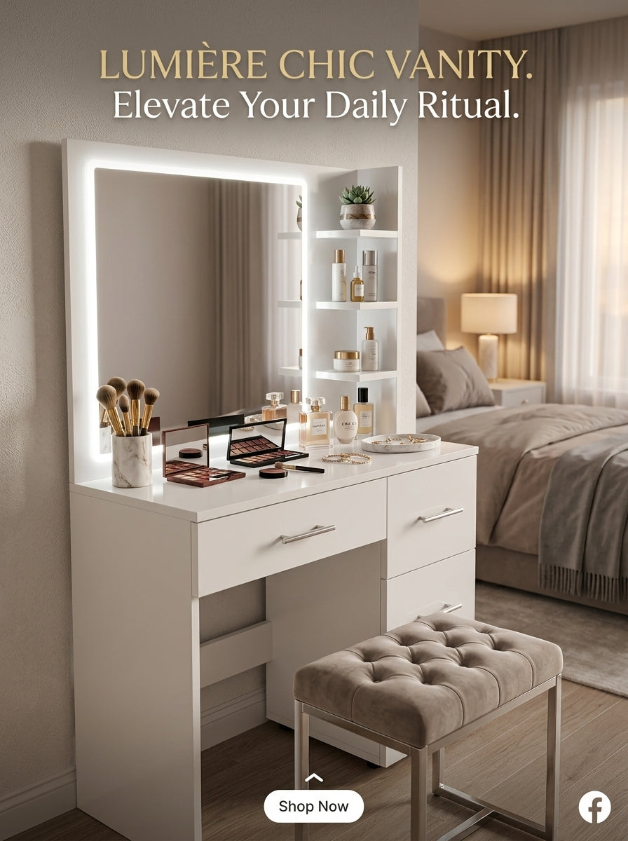 Coiffeuse avec Miroir LED et Espace Chaise (Blanc, Beige) | كوافوز