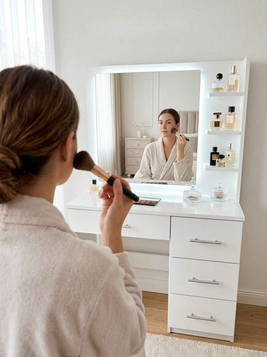 Coiffeuse avec Miroir LED et Espace Chaise (Blanc, Beige) | كوافوز